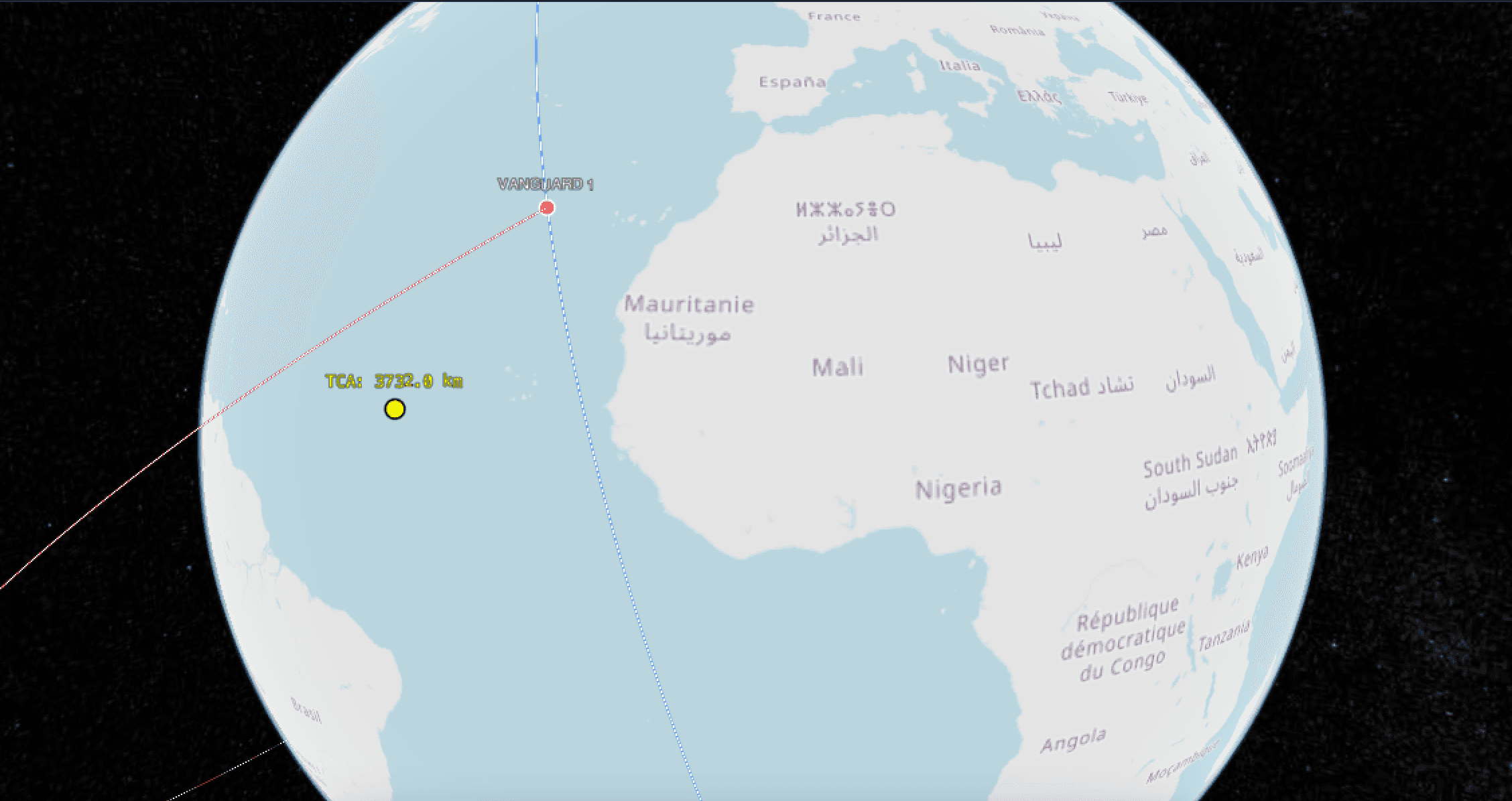 Cesium globe showing the VANGUARD 1 satellite track and a time-of-closest-approach marker over North Africa