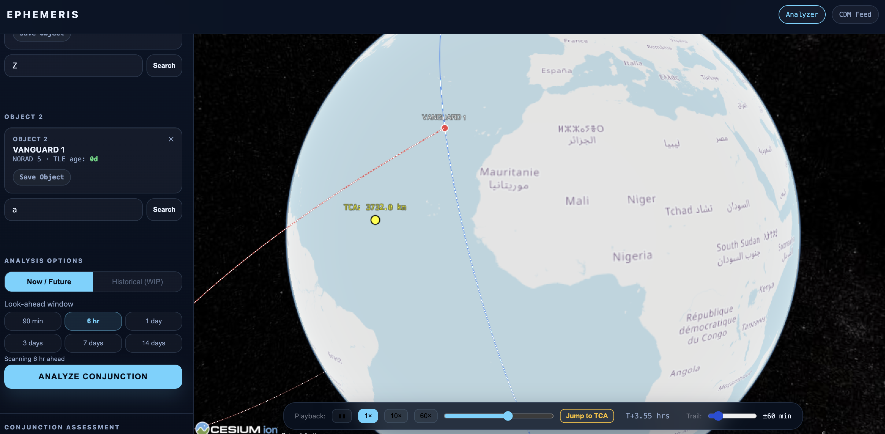 Ephemeris conjunction analysis — Cesium globe showing two satellite tracks converging at TCA
